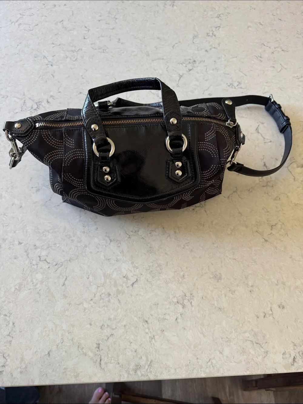 COACH Ashley Op Dot Black Signature Canvas Shoulder Satchel with Leather Trim